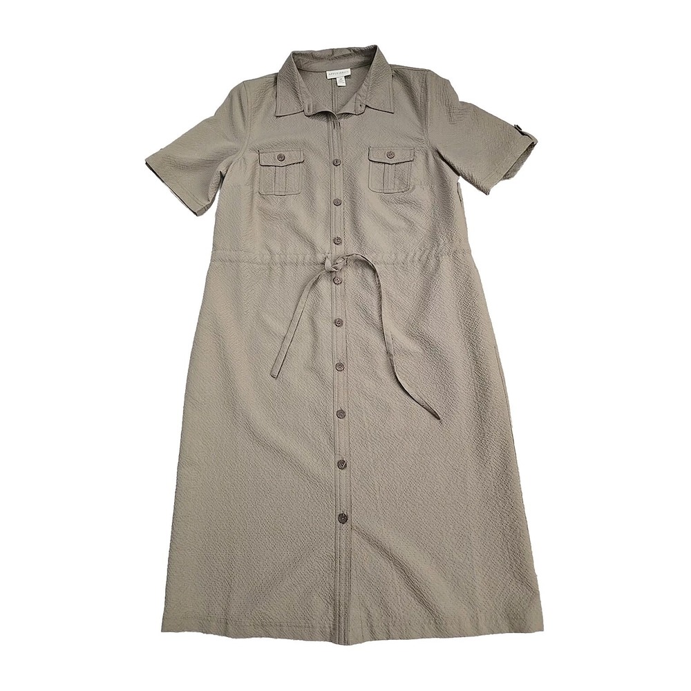 Appleseeds Womens Sz 14 Olive Green Textured Modern Button Front Shirt Dress